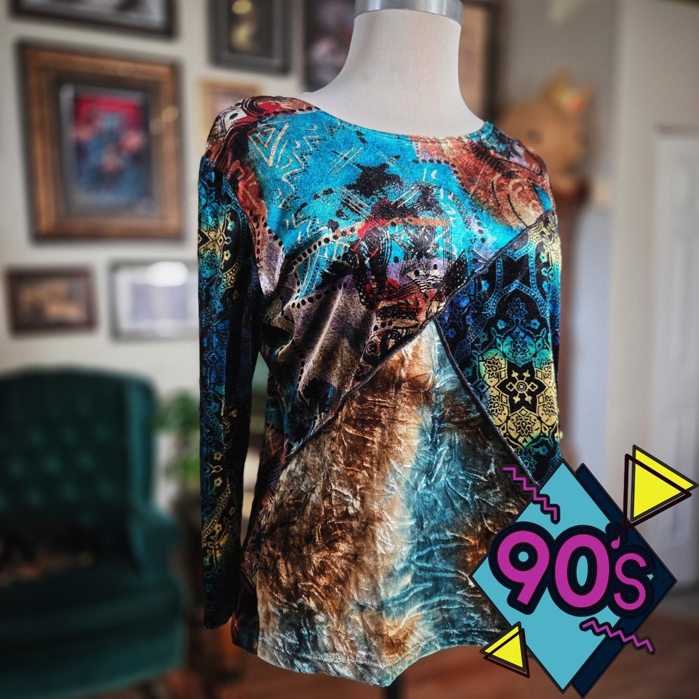 Caia XL Patchwork‎ Velvet Long Sleeve Top Boho Abstract Print Women